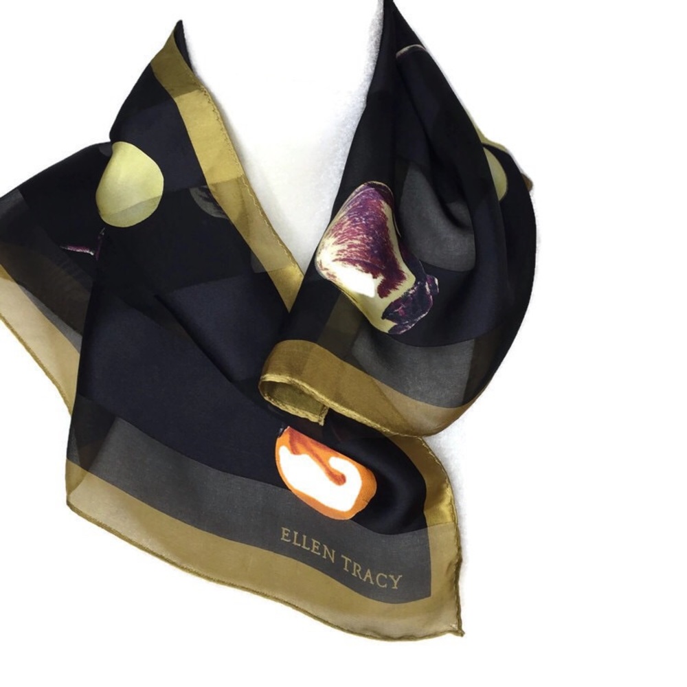 Ellen Tracy Scarf 21 inch Square Black with Gold Edge in Vegetable Print